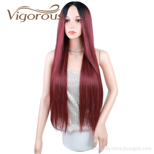 Vigorous Wholesale High Quality Long Middle Part Silky Straight Ombre Burgundy Dark Root For Black Women Synthetic Hair Wigs